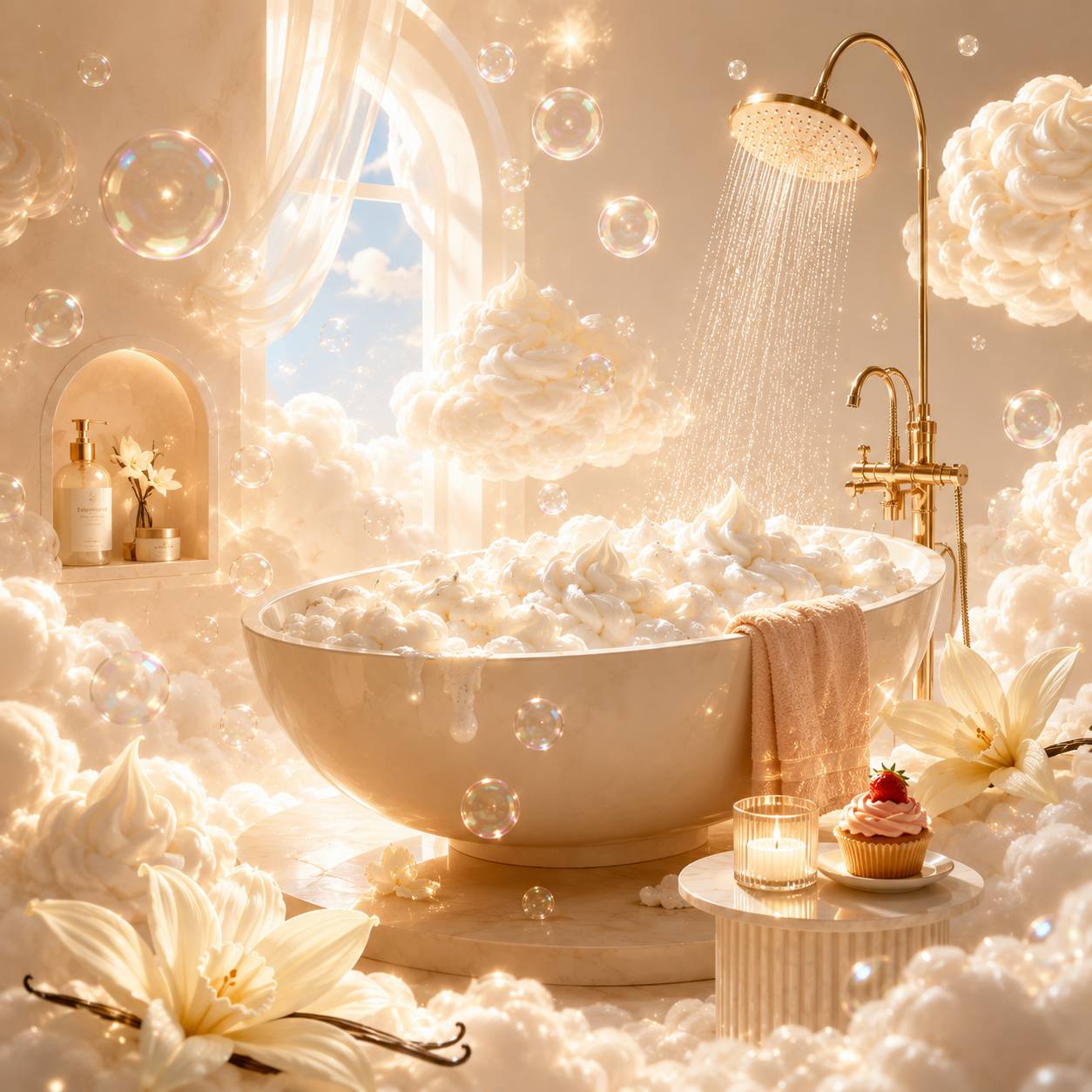 Floating bathroom with bubbles, whipped cream clouds and vanilla flowers