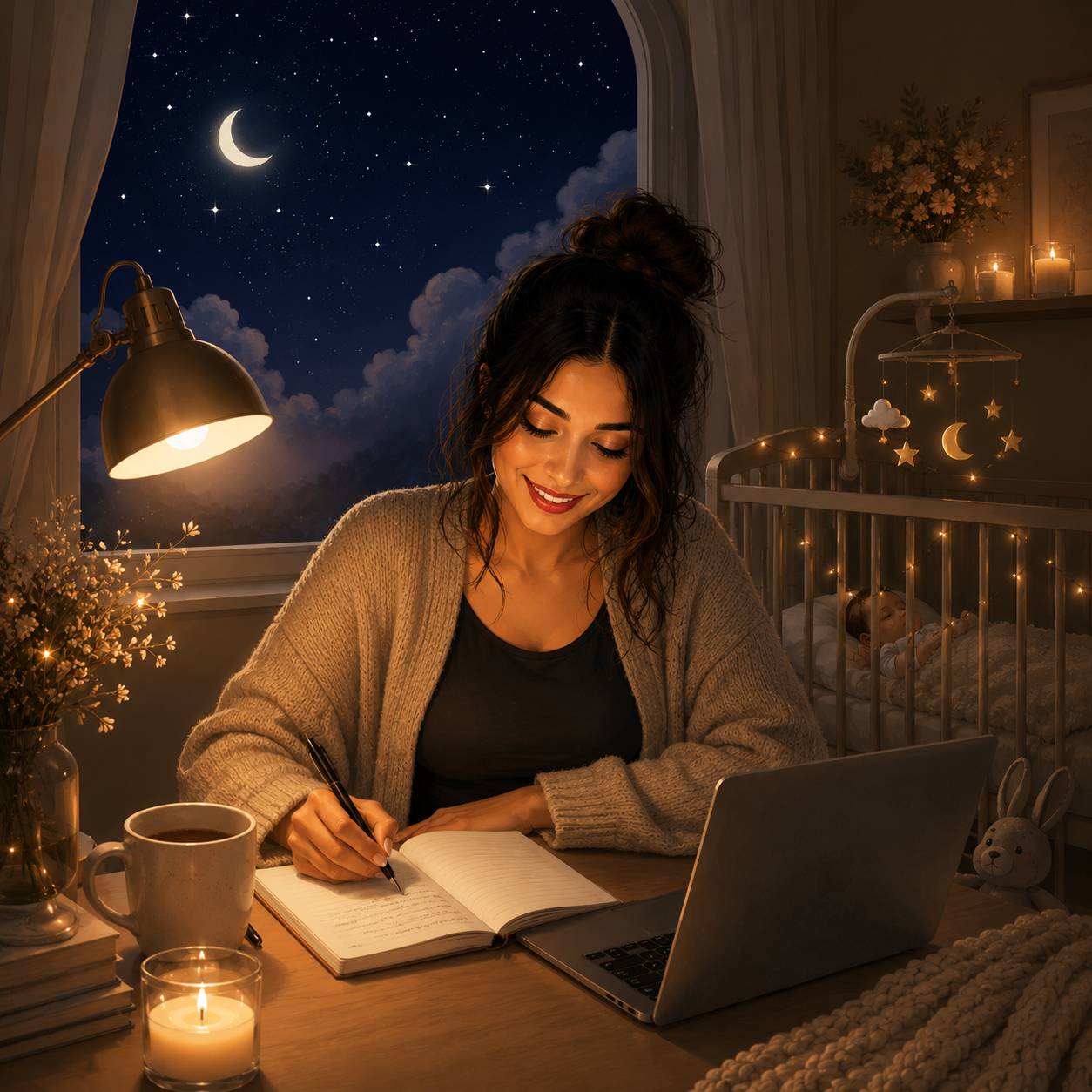 Night sky with stars, coffee mug, laptop and baby crib