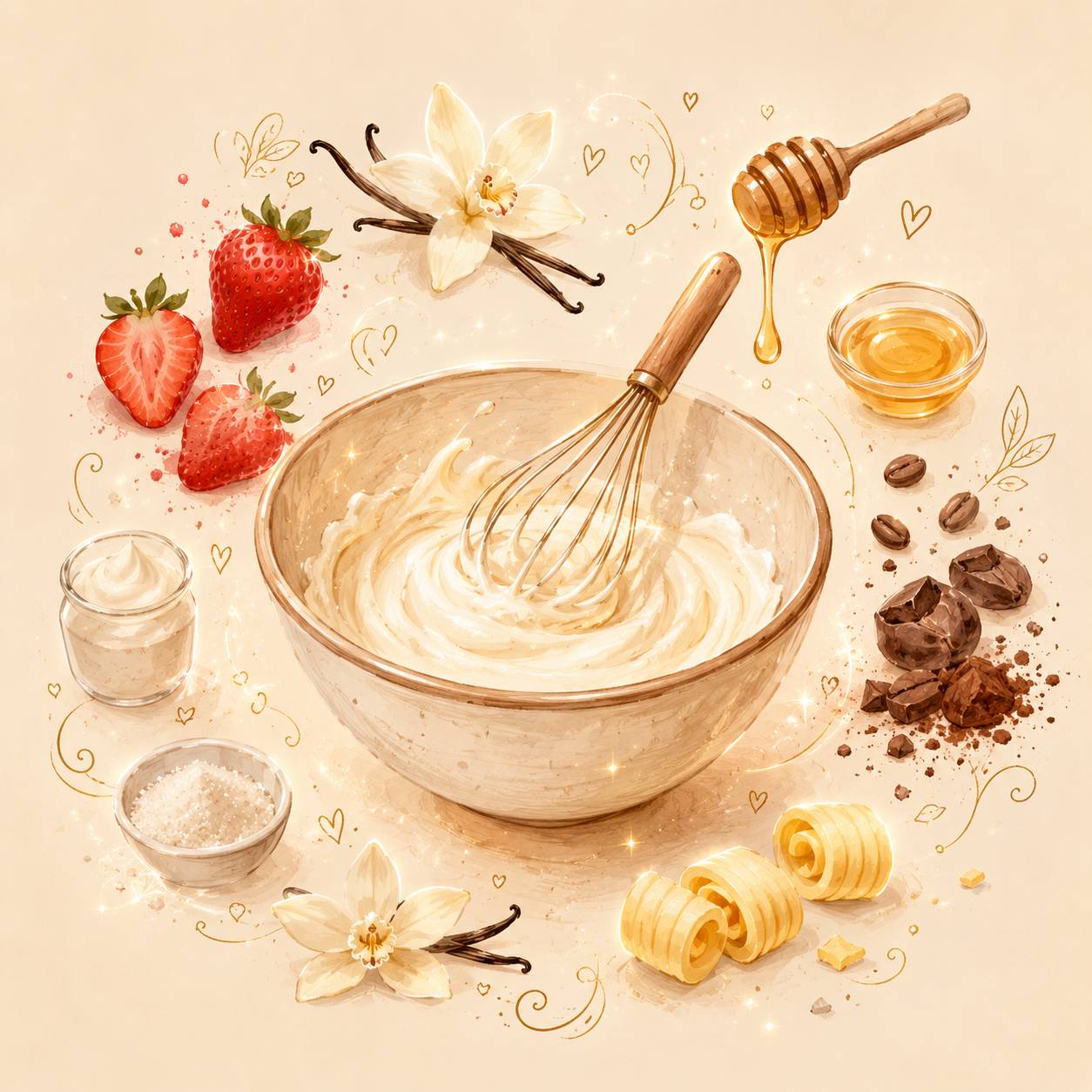 Product jar surrounded by ingredient doodles like strawberries, vanilla flowers, honey, cocoa beans and butter curls