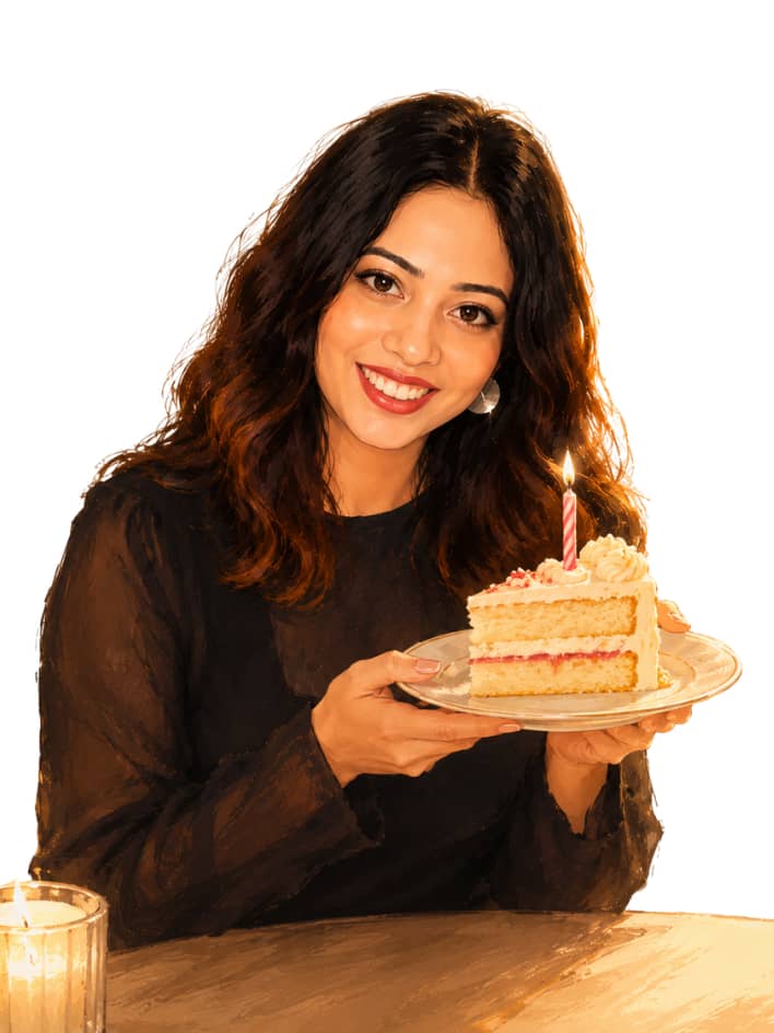 A girl holding a slice of birthday cake with soft sparkles and warm light