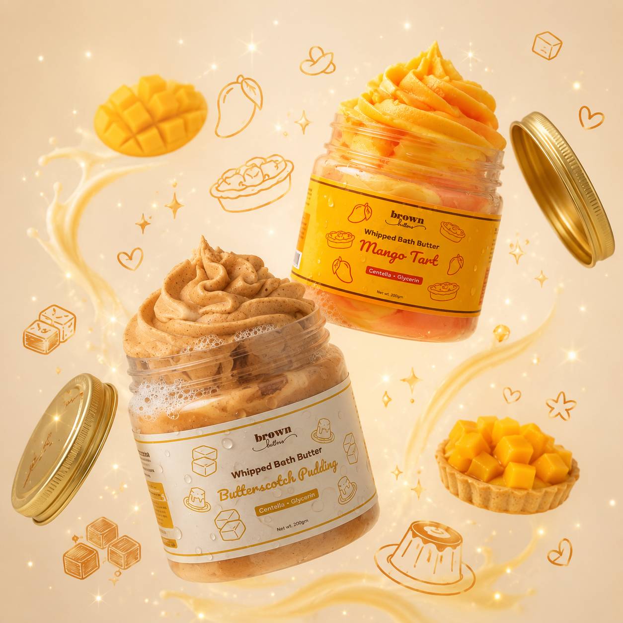Floating jars surrounded by dessert doodles and soft sparkles