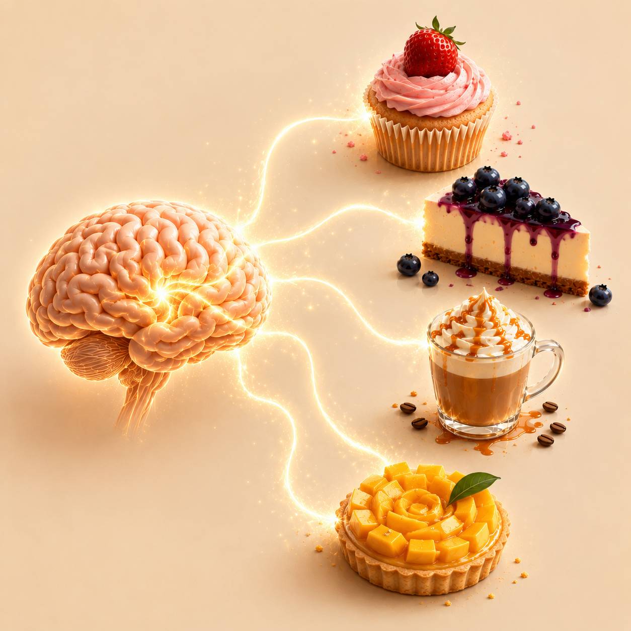 A brain connected to dessert with glowing lines