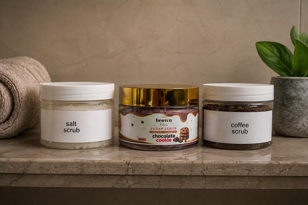 Brown Butters Sugar Scrub along with a salt scrub and a coffee scrub.