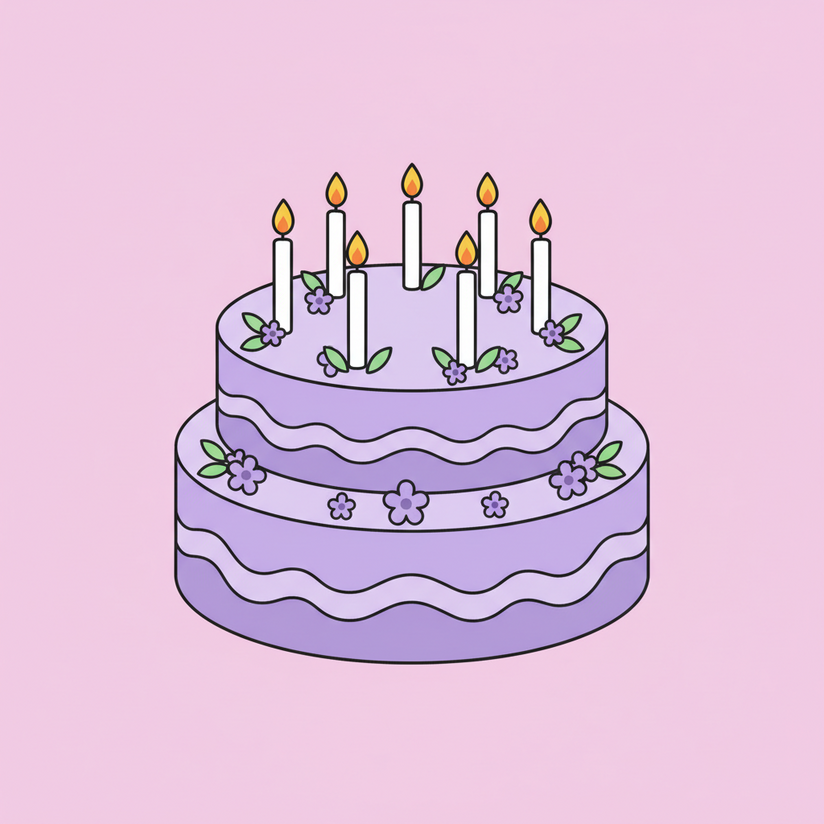 Brown Butters Birthday Cake collection icon, a lavender cake on a pink background