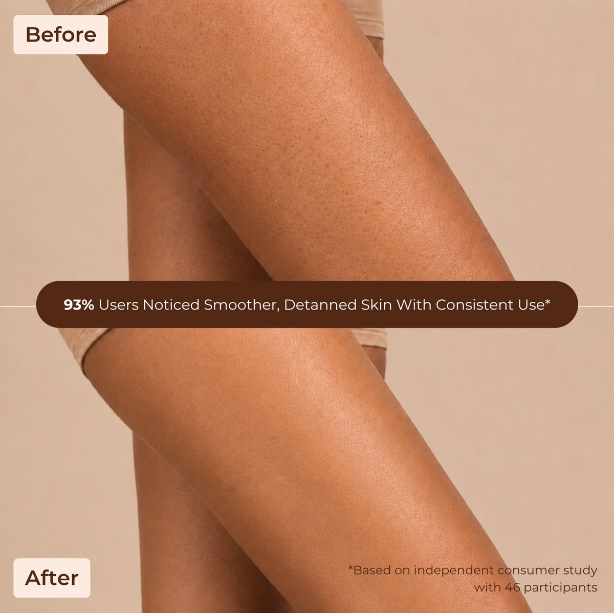 Brown Butters Chocolate Cookie Body Scrub before and after legs on beige showing smoother, detanned skin