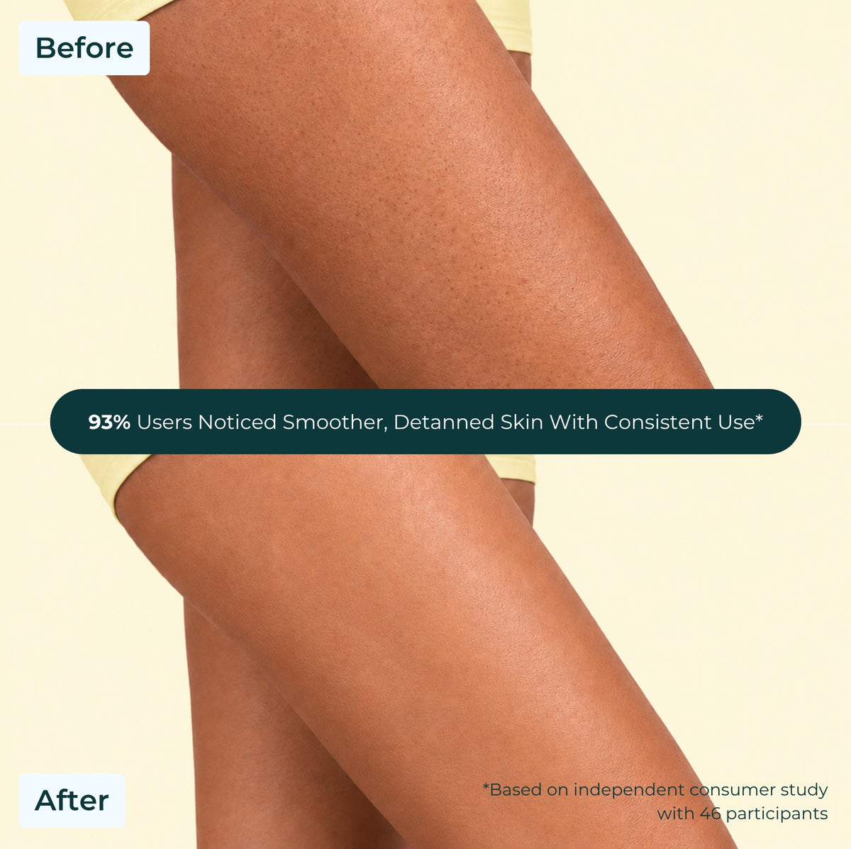 Brown Butters Coconut Truffle Body Scrub before and after legs showing smoother, lighter skin on pale cream