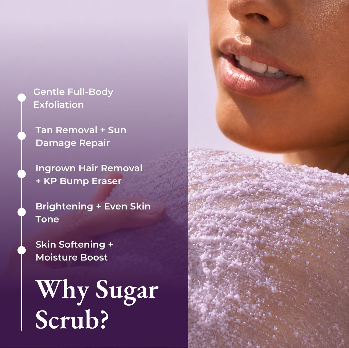 Brown Butters Blueberry Cheesecake trio: sugar scrub benefits beside a woman dusted in sugar crystals.