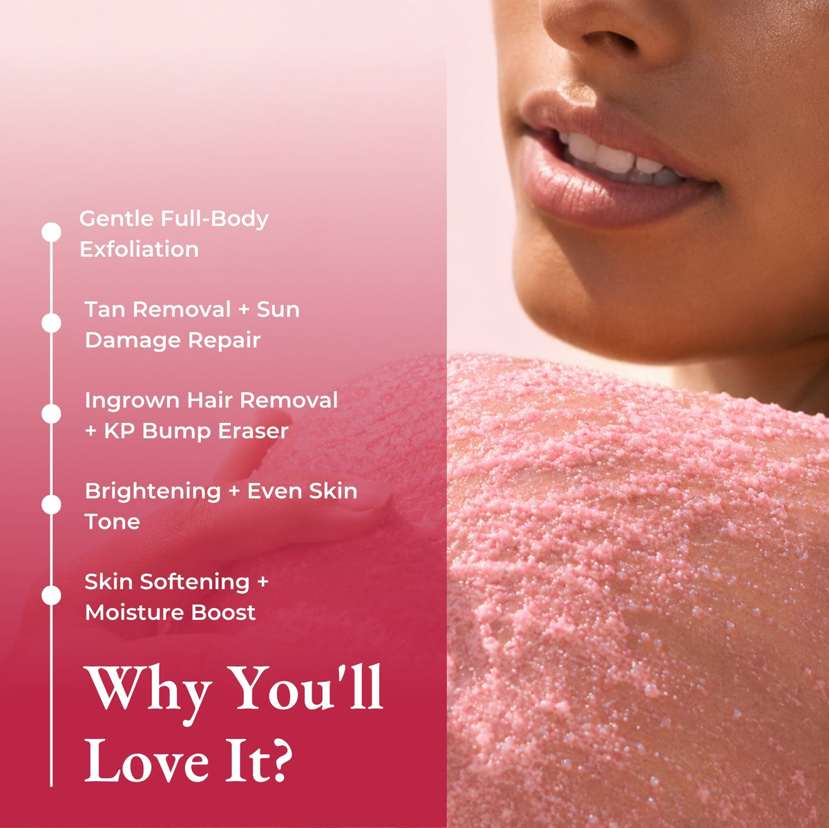 Brown Butters Raspberry Popsicle Body Scrub benefits card with sparkling pink scrub on skin and a pink gradient