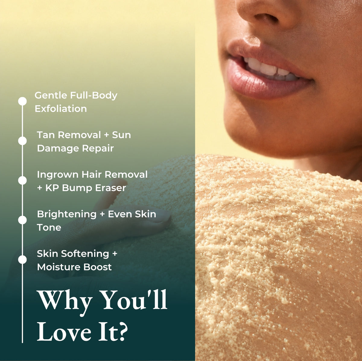 Brown Butters Coconut Truffle Body Scrub benefits panel: exfoliation, tan and ingrown hair removal, brightening