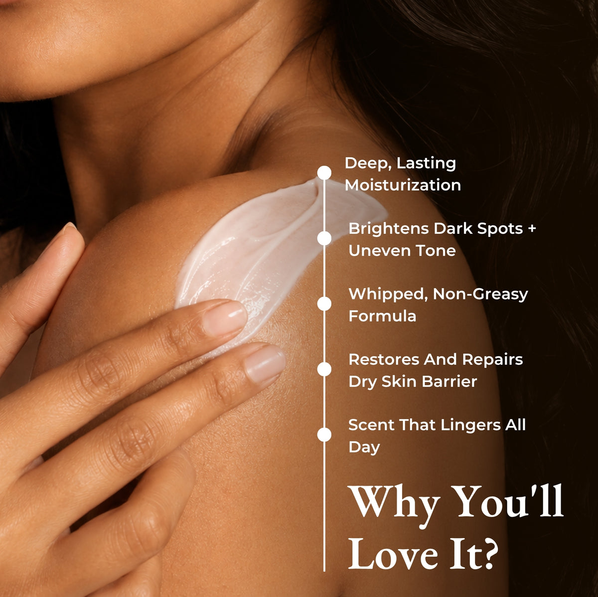 Brown Butters Chocolate Cookie Body Butter benefits card: deep moisturization, brightening, whipped non-greasy formula