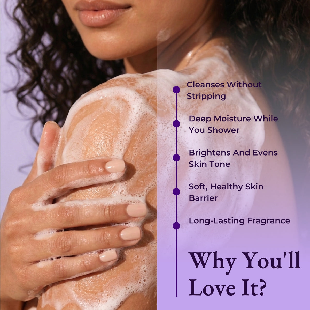 Brown Butters Birthday Cake Body Wash benefits card headed Why You Will Love It, over a foamy shoulder