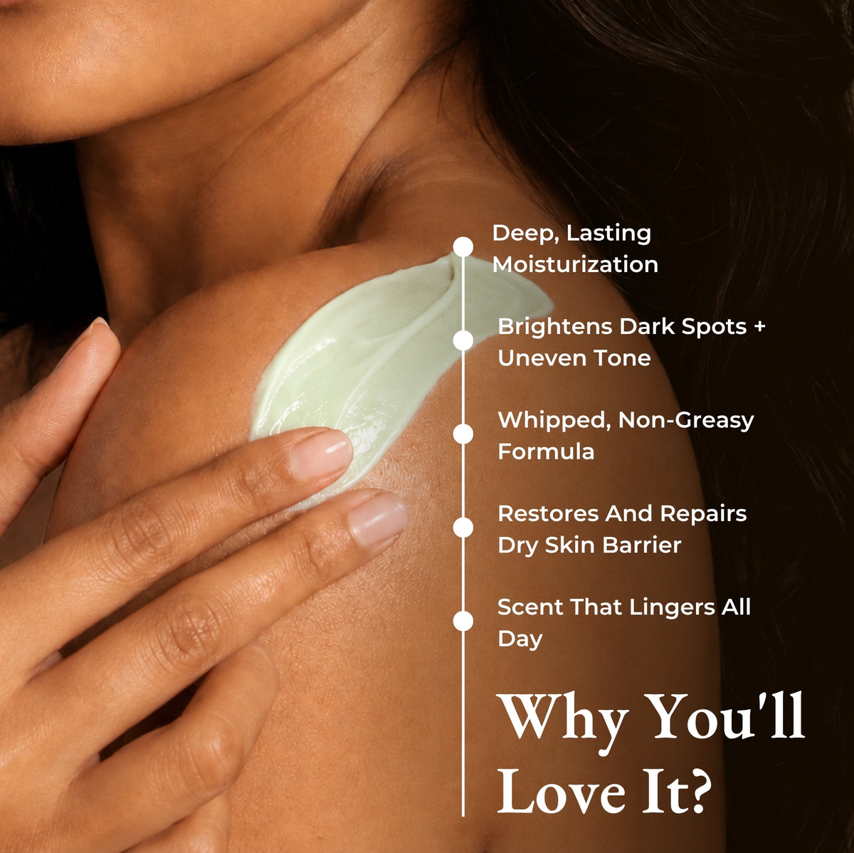 Brown Butters Pista Kulfi Body Butter benefits card with pale green cream applied to a shoulder, Why you will love it