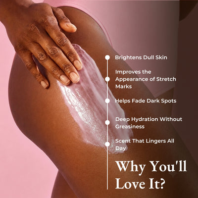 Brown Butters Strawberry Shortcake Body Lotion pink cream applied to a thigh, beside benefits text on pink