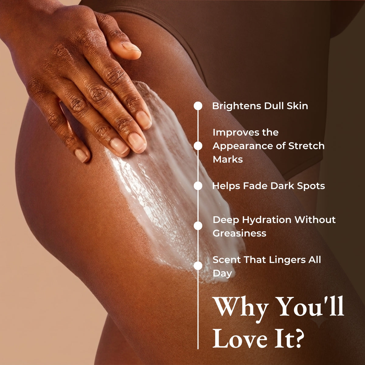 Brown Butters Caramel Latte Body Lotion applied to skin, beside benefits text on brightening and hydration