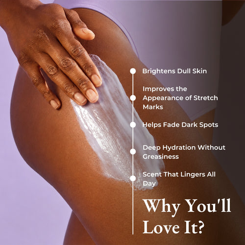 Brown Butters Birthday Cake Body Lotion lavender cream applied to a thigh, beside benefits text