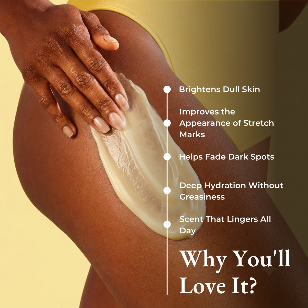 Brown Butters Coconut Truffle Body Lotion yellow cream applied to a thigh, beside benefits text