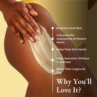 Brown Butters Coconut Truffle Body Lotion yellow cream applied to a thigh, beside benefits text