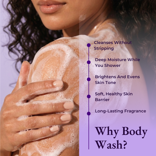 Brown Butters Birthday Cake Trio wash callout showing lathered soap on a shoulder