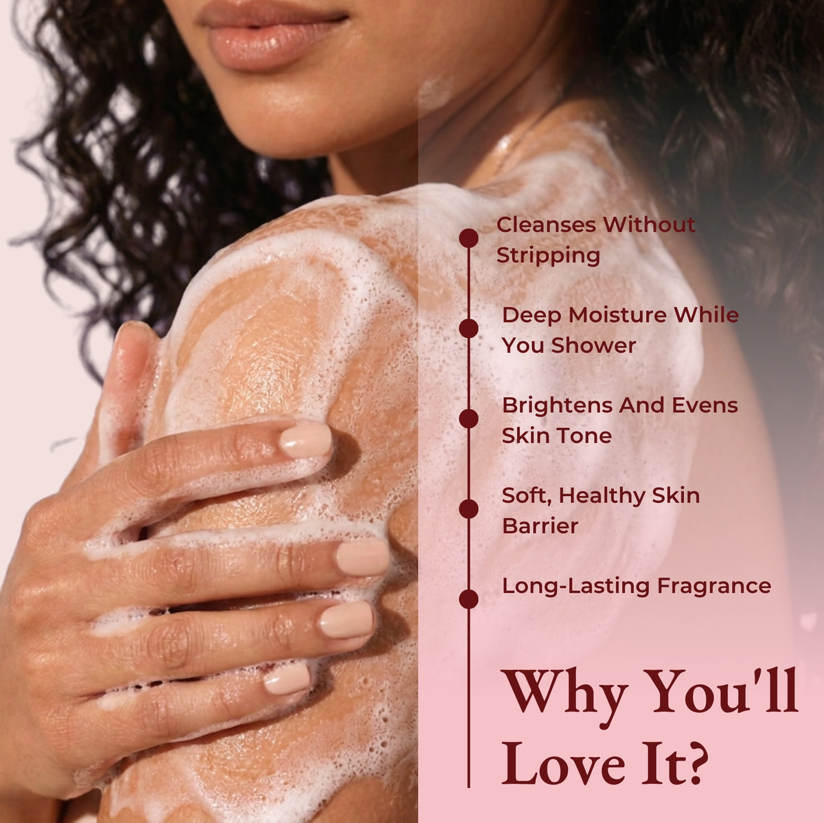 Brown Butters Strawberry Shortcake Body Wash benefits card: a woman washing a foamy shoulder beside the benefits