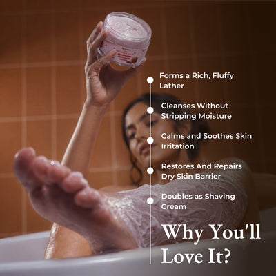 Brown Butters Chocolate Cookie Whipped Soap held in a bathtub with a lathered foot and a benefits list