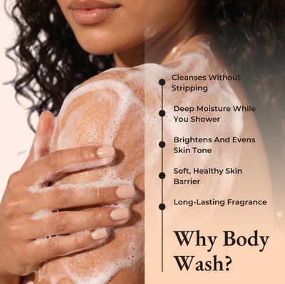 Brown Butters Caramel Latte Trio wash callout showing lathered soap on a shoulder