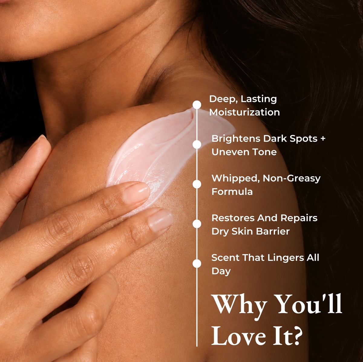 Brown Butters Raspberry Popsicle Body Butter benefits card: deep moisturization, brightening, whipped non-greasy feel