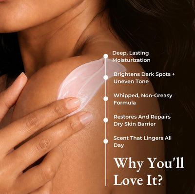 Brown Butters Raspberry Popsicle Body Butter benefits card: deep moisturization, brightening, whipped non-greasy feel