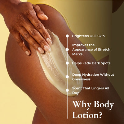 Brown Butters Coconut Truffle duo: thick yellow lotion applied to a thigh beside a skin benefits list.