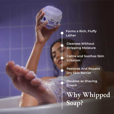Brown Butters Blueberry Cheesecake whipped soap held in a purple tiled bath, with lather benefits listed.