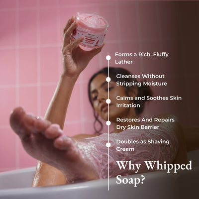 Brown Butters Raspberry Popsicle whipped soap held in a pink tiled bath, with lather and shaving benefits.