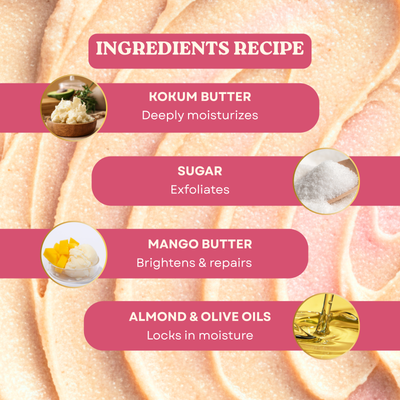 Brown Butters Vanilla Cupcake Sugar Body Scrub ingredients: kokum butter, sugar, mango butter, almond oil