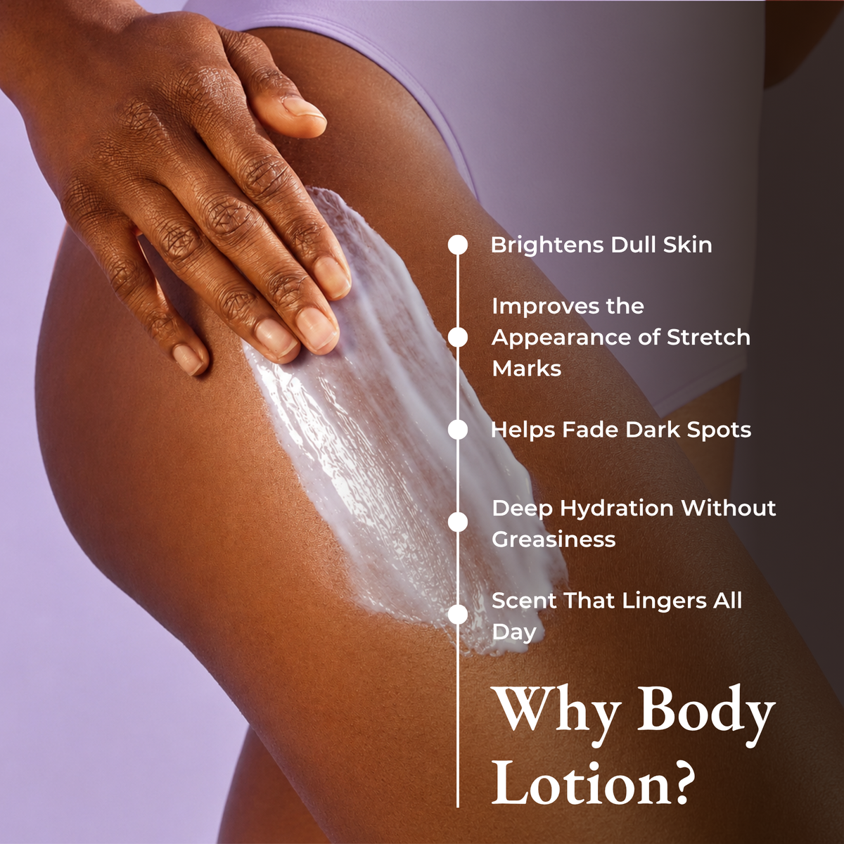 Brown Butters Birthday Cake Trio lotion callout showing lotion applied to a hip and thigh