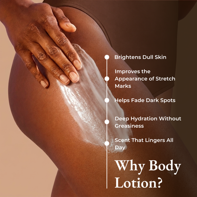 Brown Butters Caramel Latte Trio lotion callout showing lotion applied to a hip and thigh