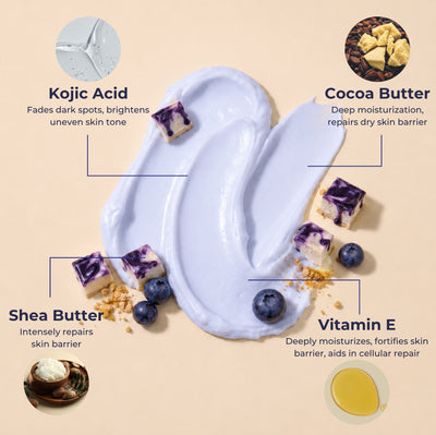 Brown Butters Blueberry Cheesecake Body Butter lavender smear with kojic acid, cocoa and shea butter, vitamin E