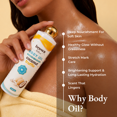 Brown Butters Coconut Truffle Trio oil callout showing the Body Oil bottle held near a shoulder