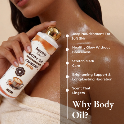 Brown Butters Caramel Latte Trio oil callout showing the Body Oil bottle held near a shoulder