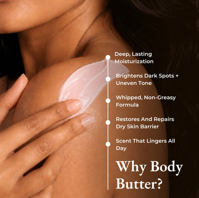 Brown Butters Raspberry Popsicle body butter on a shoulder, with moisture and brightening benefits listed.