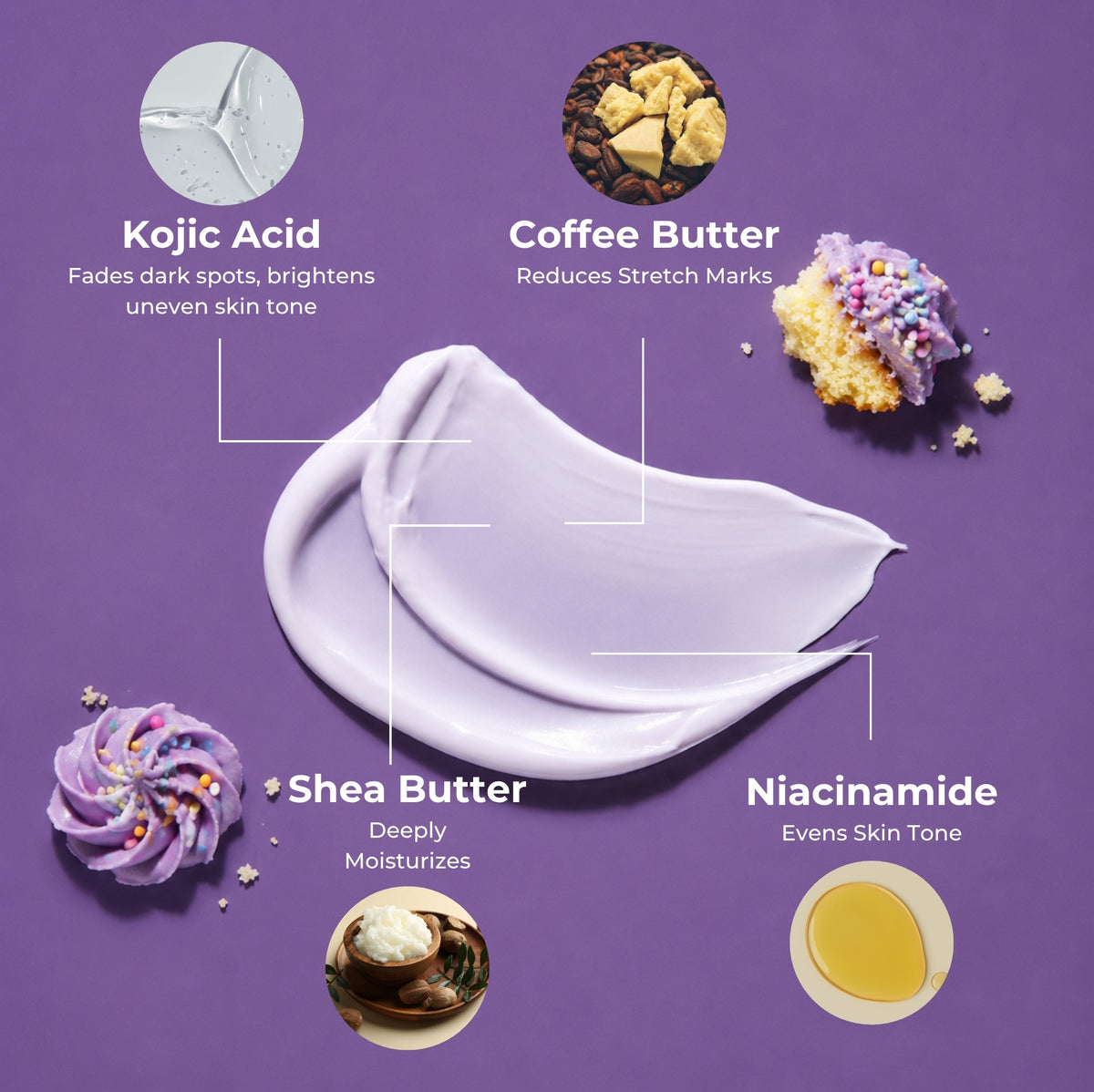 Brown Butters Birthday Cake Body Lotion ingredients card: kojic acid, coffee butter, shea butter, niacinamide