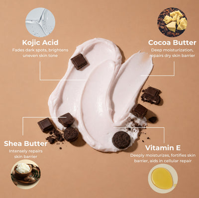 Brown Butters Chocolate Cookie Body Butter smear on beige with kojic acid, cocoa butter, shea butter and vitamin E
