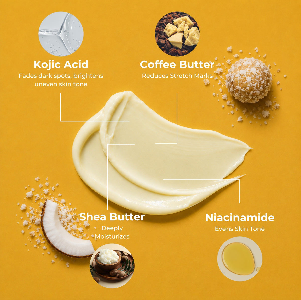 Brown Butters Coconut Truffle Body Lotion ingredients card: kojic acid, coffee butter, shea butter, niacinamide