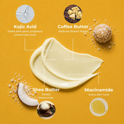 Brown Butters Coconut Truffle Body Lotion ingredients card: kojic acid, coffee butter, shea butter, niacinamide