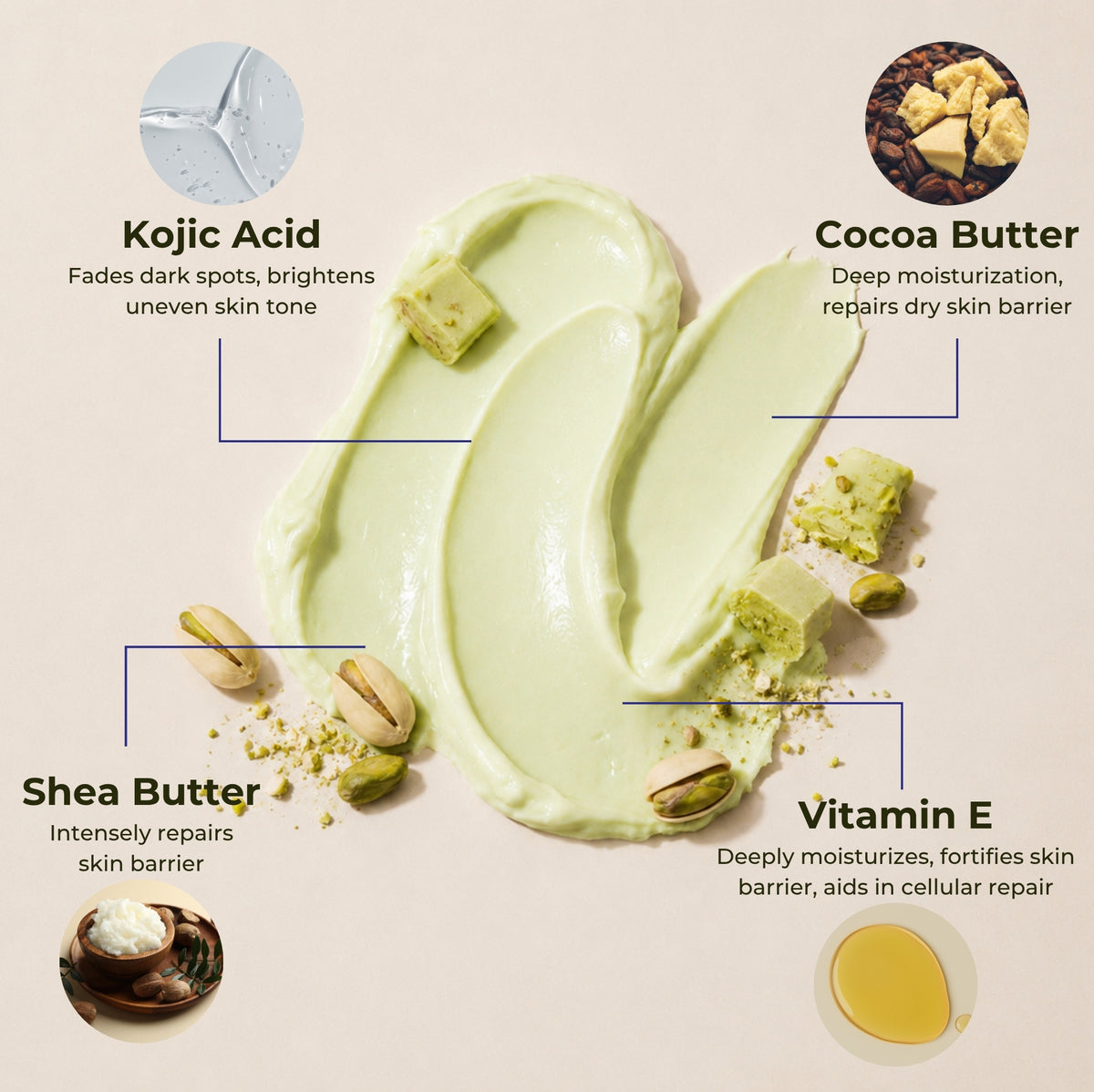 Brown Butters Pista Kulfi Body Butter swatch on beige with kojic acid, cocoa butter, shea butter and vitamin E