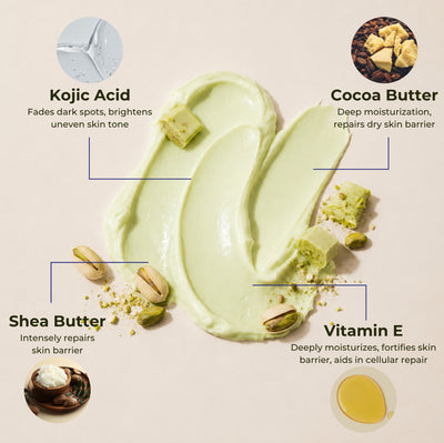 Brown Butters Pista Kulfi Body Butter swatch on beige with kojic acid, cocoa butter, shea butter and vitamin E