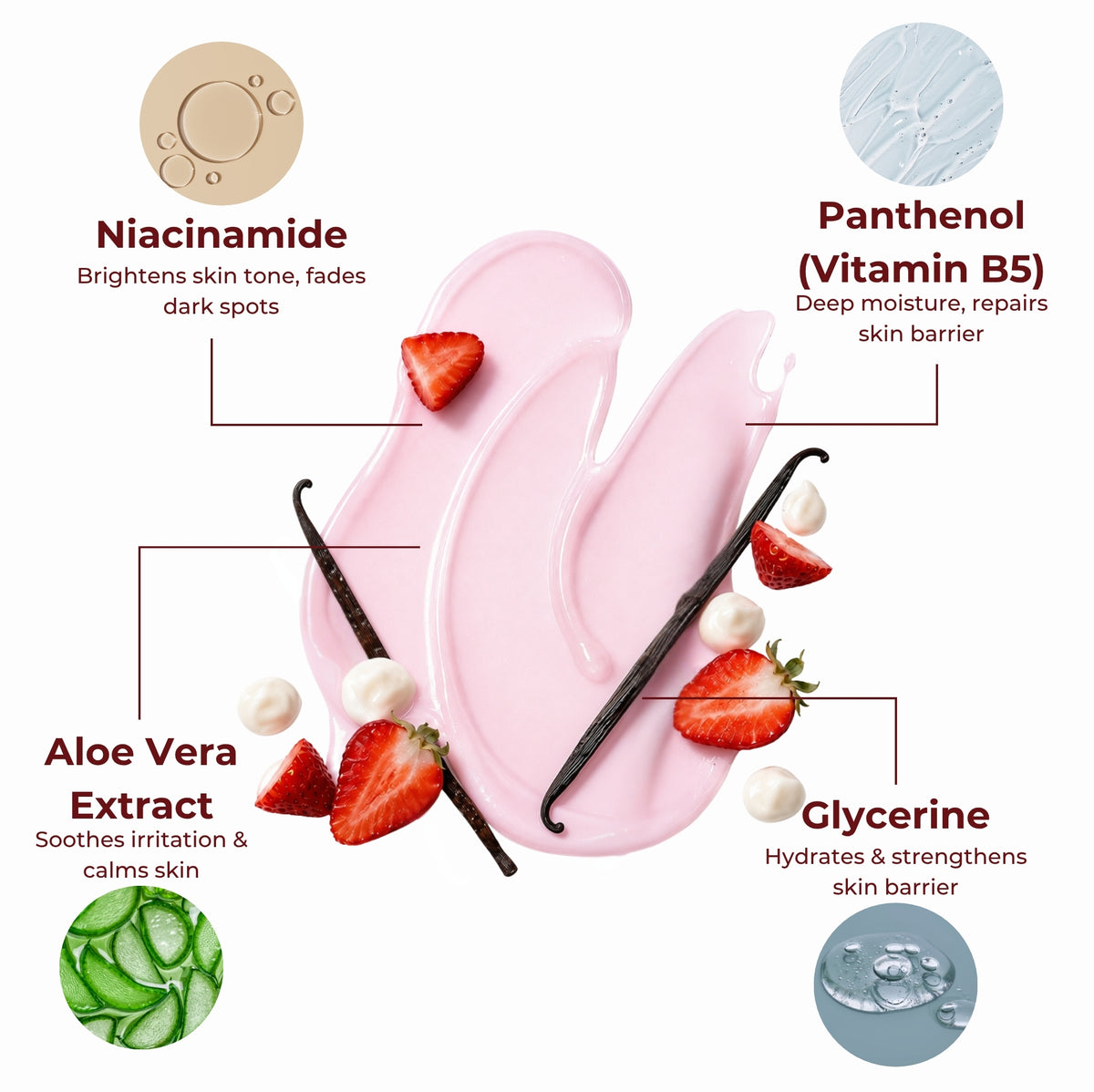 Brown Butters Strawberry Shortcake Body Wash ingredients card: niacinamide, panthenol, aloe vera and glycerine
