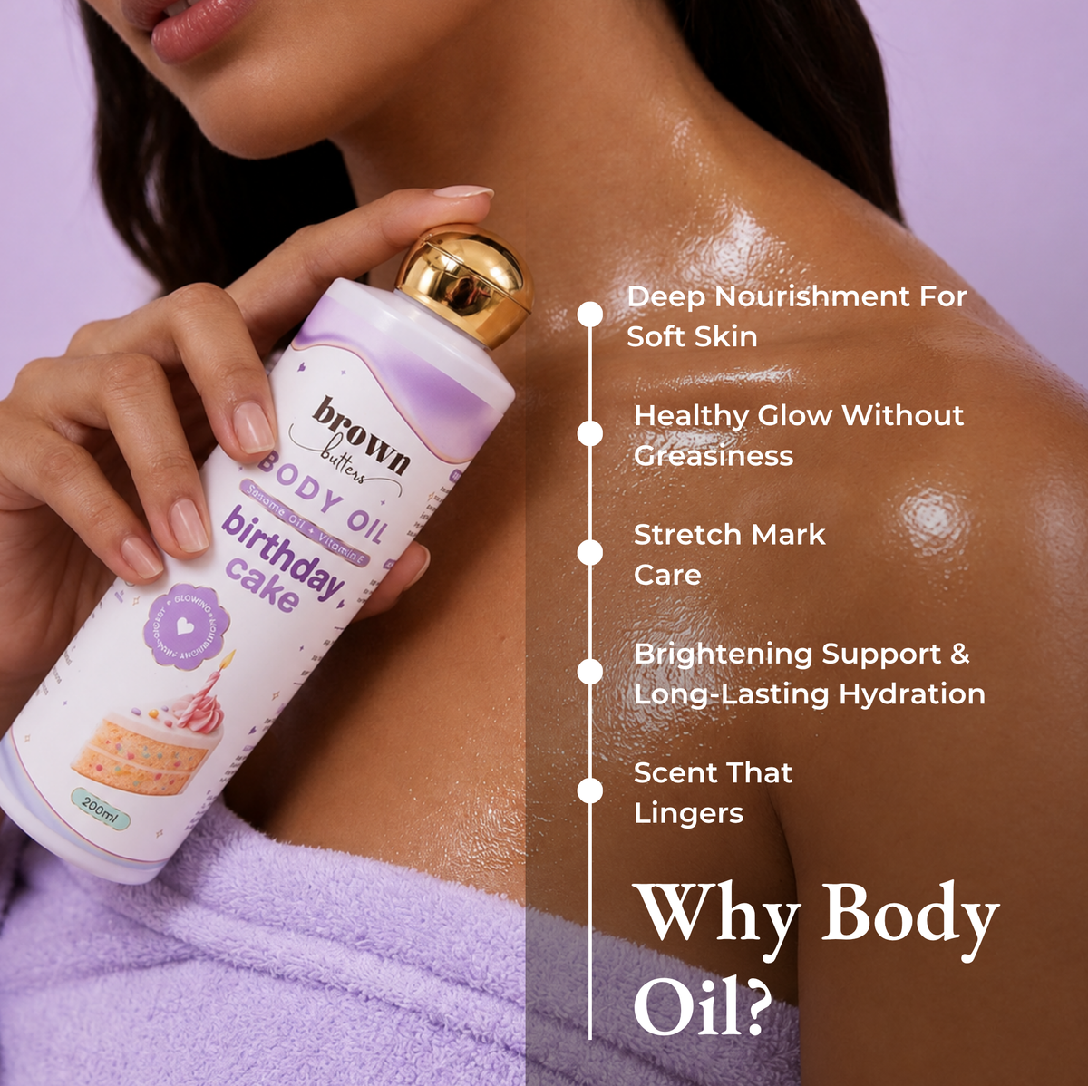 Brown Butters Birthday Cake Trio oil callout showing the Body Oil bottle held near a shoulder