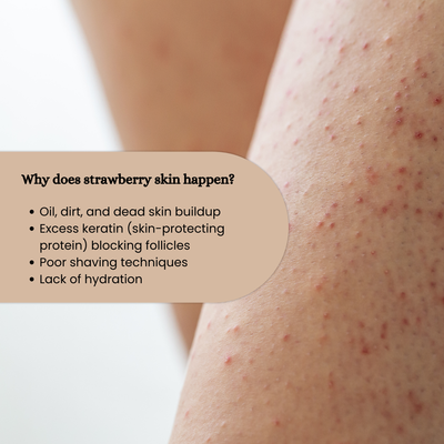 Brown Butters Berry Popsicle Body Scrub card explaining strawberry skin, over a bumpy arm close-up