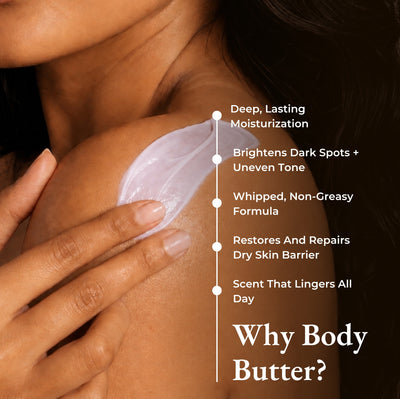 Brown Butters Chocolate Cookie body butter spread on a shoulder, with a why body butter benefits list.
