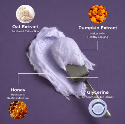 Brown Butters Blueberry Cheesecake Whipped Soap on a spatula with oat, pumpkin, honey and glycerine callouts