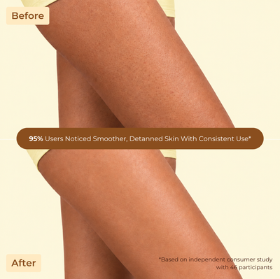 Brown Butters Sweet Escape Duo before and after legs showing smoother detanned skin