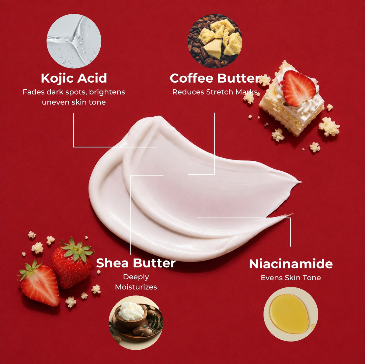 Brown Butters Strawberry Shortcake Body Lotion ingredients card: kojic acid, coffee butter, shea butter, niacinamide